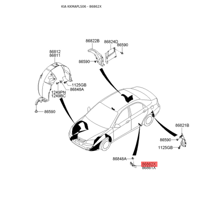 Крепления подкрылка и брызговика правое 86862-2F000 Mobis - 868622F000 - схема с каталога 86862X, KKMAPLS06 868622F000