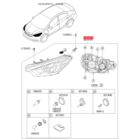 Фара основная правая 92102-A7050 Mobis - 92102A7050 - схема с каталога 92102A, KEURPA712 92102A7050