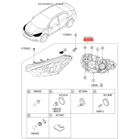 Фара основная левая 92101-A7050 Mobis - 92101A7050 - схема с каталога 92101A, KEURPA712 92101A7050