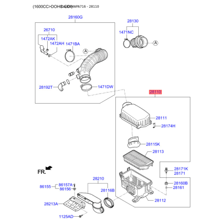 Кришка, корпус повітряного фільтра 28110-A5300 Mobis - 28110A5300 - схема з каталогу 28110, KKMAPA716 28110A5300