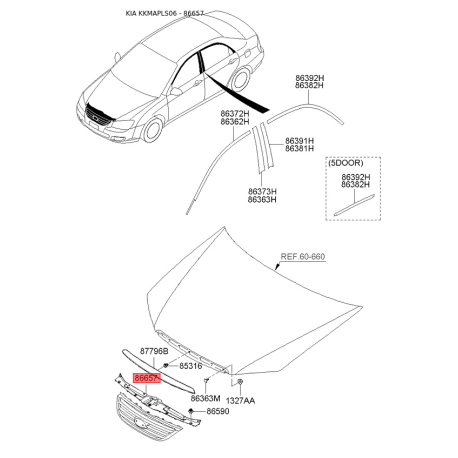 Пистон (клипса) обивки салона верхний 86361-2F500 Mobis - 863612F500 - схема с каталога 86657, KKMAPLS06 863612F500