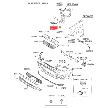 Кронштейн, буфер левый верхний 86551-2K500 Mobis - 865512K500 - схема с каталога 86551B, KKMAPAM12 865512K500