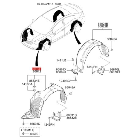 Обшивка (подкрылок), колесная ниша левая 86811-A7000 Mobis - 86811A7000 - схема с каталога 86811, KKMAPA712 86811A7000