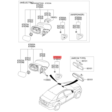 Заглушка (крышка), корпус - внешнее зеркало 87650-1M000 Mobis - 876501M000 - схема с каталога 87650A, KKMAPTD08 876501M000