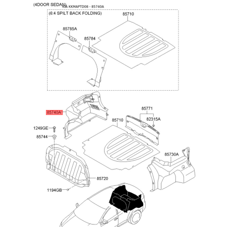 Оббивка багажника права 85740-1M600VA Mobis - 857401M600VA - схема з каталогу 85740A, KKMAPTD08 857401M600VA