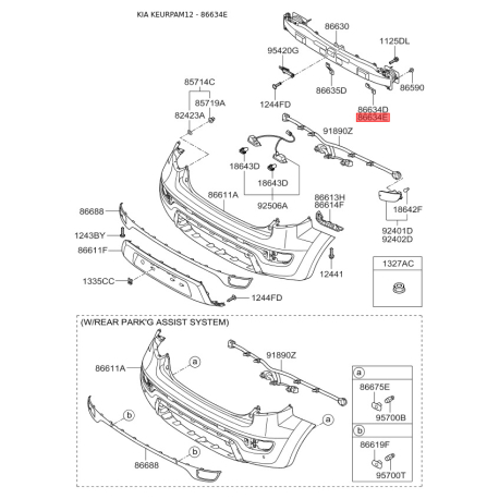 Кронштейн, буфер правый нижний 86636-2K070 Mobis - 866362K070 - схема с каталога 86634E, KEURPAM12 866362K070