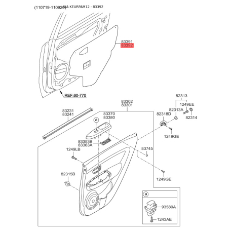 Уплотнитель (прокладка), боковое стекло правый 83392-2K000 Mobis - 833922K000 - схема с каталога 83392, KEURPAM12 833922K000