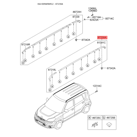 Кріплення молдинга даху ліве 87230-2K100 Mobis - 872302K100 - схема з каталогу 87230A, KKMAPAM12 872302K100