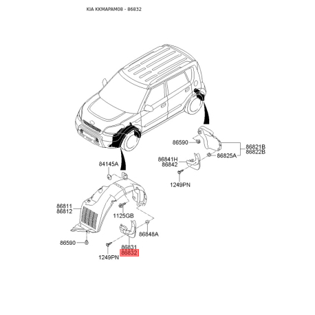 Брызговик передний правый 86832-2K000 Mobis - 868322K000 - схема с каталога 86832, KKMAPAM08 868322K000