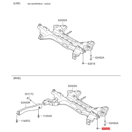 Гайка поперечної балки, сайлентблока 62618-2F000 Mobis - 626182F000 - схема з каталогу 62618, SEURPDN10 626182F000