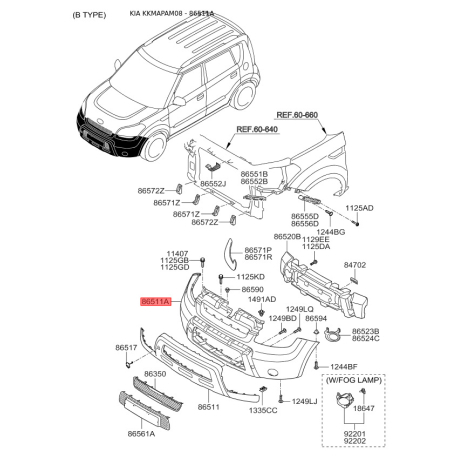 Бампер 86511-2K000 Mobis - 865112K000 - схема з каталогу 86511A, KKMAPAM08 865112K000