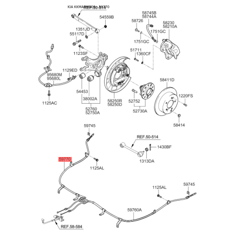 Трос стояночной тормозной системы правый 59770-2G100 Mobis - 597702G100 - схема с каталога 59770, KKMAPMG09 597702G100