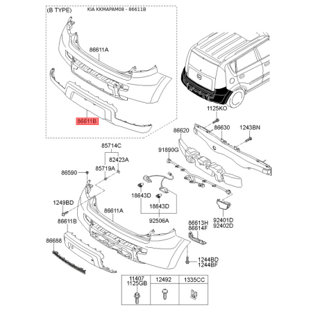 Бампер 86611-2K100 Mobis - 866112K100 - схема з каталогу 86611B, KKMAPAM08 866112K100