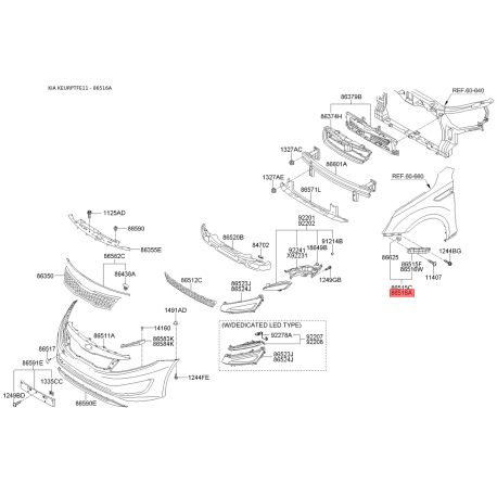 Кронштейн, буфер правый 86514-2T000 Mobis - 865142T000 - схема с каталога 86516A, KEURPTFE11 865142T000
