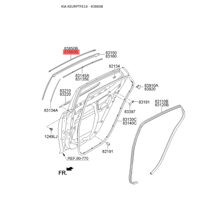 Уплотнитель (прокладка), боковое стекло правый 83860-2T000 Mobis - 838602T000 - схема с каталога 83860B, KEURPTFE14 838602T000