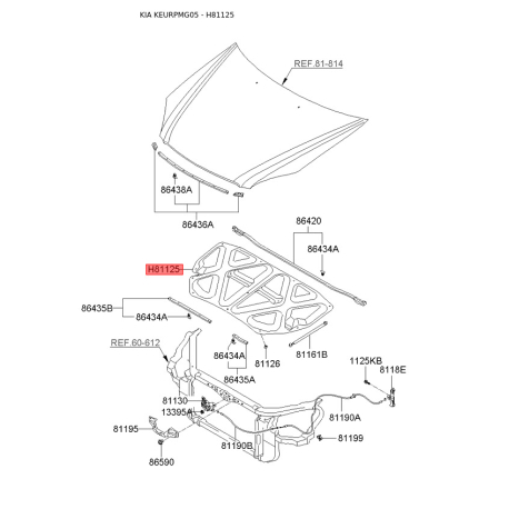 Шумоізоляція (теплоізоляція) капота 81125-2G010 Mobis - 811252G010 - схема з каталогу H81125, KEURPMG05 811252G010