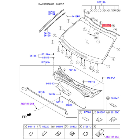 Молдинг (уплотнитель) лобового стекла верхний 86130-D4000 Mobis - 86130D4000 - схема с каталога 86135Z, KKMAPA818 86130D4000