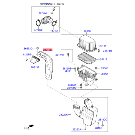 Рукав повітрозабірника, повітряний фільтр 28210-B2000 Mobis - 28210B2000 - схема з каталогу 28210E, KRUSPB216 28210B2000