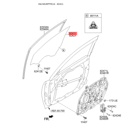 Боковое стекло (окно) двери левое 82411-2T010 Mobis - 824112T010 - схема с каталога 82411, KEURPTFE14 824112T010