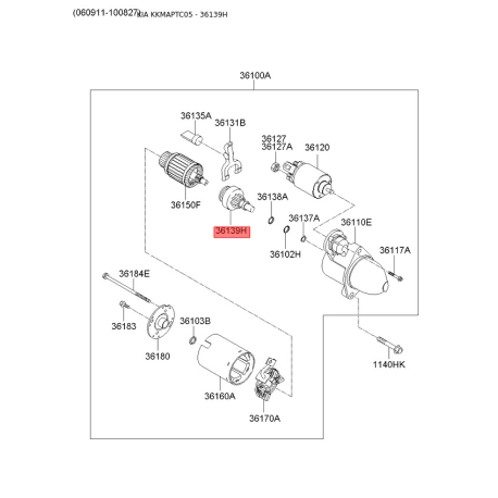 Многодисковое сцепление (бендикс), стартер 36139-26850 Mobis - 3613926850 - схема с каталога 36139H, KKMAPTC05 3613926850