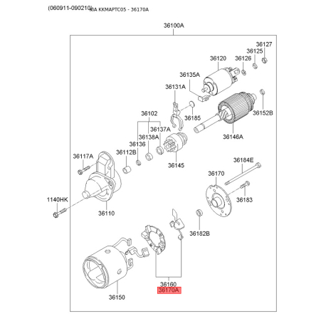 Угольная щетка, стартер 36170-26851 Mobis - 3617026851 - схема с каталога 36170A, KKMAPTC05 3617026851