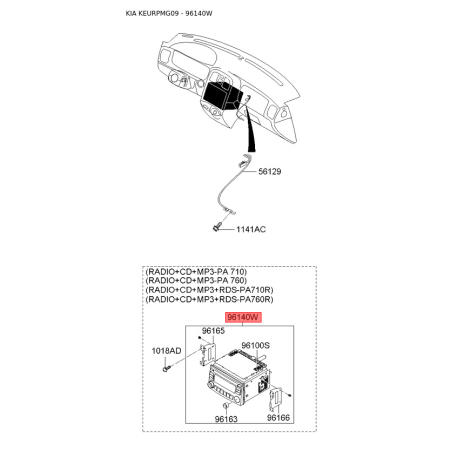Магнитола 96160-2G700T0 Mobis - 961602G700T0 - схема с каталога 96140W, KEURPMG09 961602G700T0