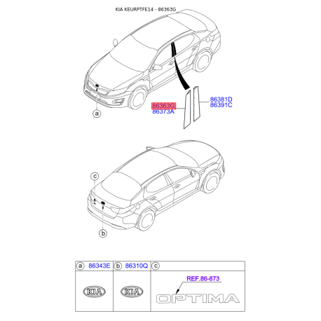 Облицювання / захисна накладка, скло дверей заднє ліве 86363-2T010 Mobis - 863632T010 - схема з каталогу 86363G, KEURPTFE14 863632T010