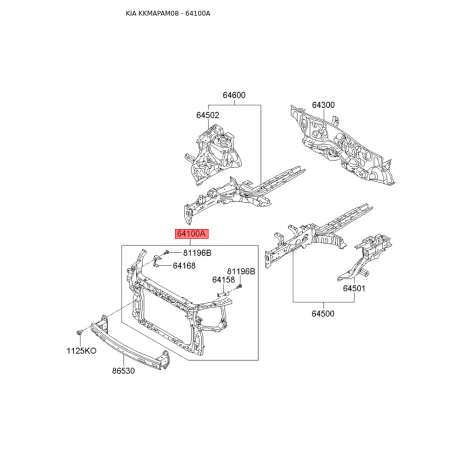 Облицовка передка (передняя панель, морда) 64101-2K000 Mobis - 641012K000 - схема с каталога 64100A, KKMAPAM08 641012K000