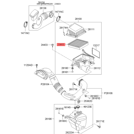 Фільтр повітряний 28113-2G000 Mobis - 281132G000 - схема з каталогу 23603, KKMAPMG09 281132G000