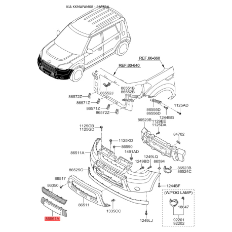 Решітка вентилятора, буфер 86561-2K000 Mobis - 865612K000 - схема з каталогу 86561A, KKMAPAM08 865612K000