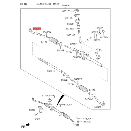 Наконечник кермової тяги правий 56825-A4050 Mobis - 56825A4050 - схема з каталогу 56820J, KEURPA416 56825A4050
