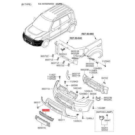 Решетка радиатора 86350-2K050 Mobis - 863502K050 - схема с каталога 86350, KKMAPAM08 863502K050