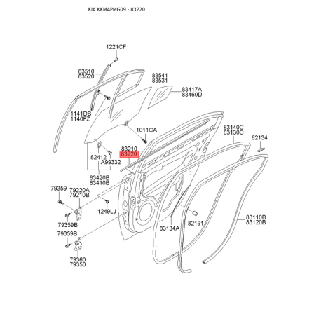 Ущільнювач (прокладка), бічне скло правий 83220-2G000 Mobis - 832202G000 - схема з каталогу 83220, KKMAPMG09 832202G000