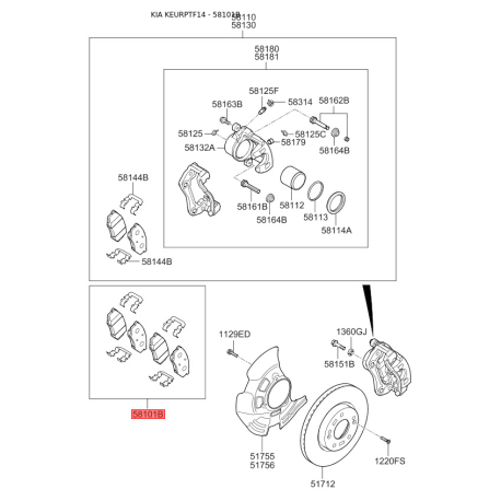 Колодки тормозные дисковые комплект S5810-13QA50 Mobis - S581013QA50 - схема с каталога 58101B, KEURPTF14 S581013QA50