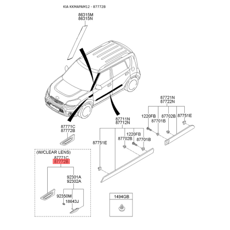 Молдинг порога, бампера и крыла правый 87772-2K100 Mobis - 877722K100 - схема с каталога 87772B, KKMAPAM12 877722K100