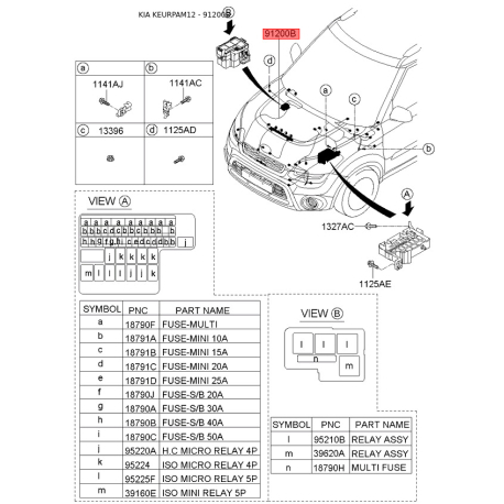 Проводка (жгут, коса) аккумулятора 91422-2K040 Mobis - 914222K040 - схема с каталога 91200B, KEURPAM12 914222K040