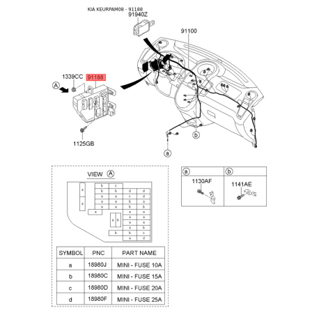 Коробка запобіжників та реле 91950-2K162 Mobis - 919502K162 - схема з каталогу 91188, KEURPAM08 919502K162