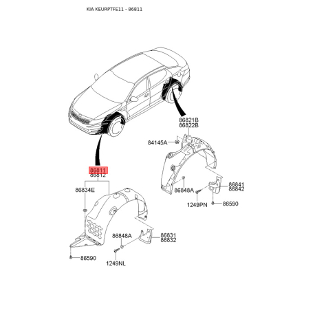 Обшивка (подкрылок), колесная ниша левая 86811-2T100 Mobis - 868112T100 - схема с каталога 86811, KEURPTFE11 868112T100