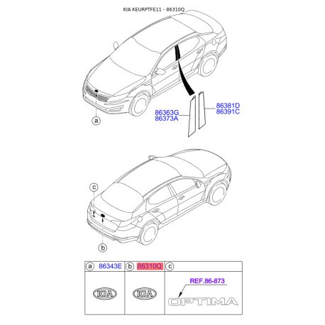 Емблема задніх та боковой дверей, капота 86310-1G100 Mobis - 863101G100 - схема з каталогу 86310Q, KEURPTFE11 863101G100