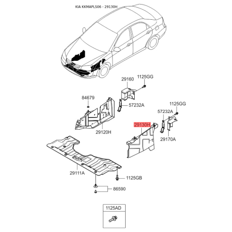 Защита двигателя / поддона двигателя левая 29130-2F000 Mobis - 291302F000 - схема с каталога 29130H, KKMAPLS06 291302F000