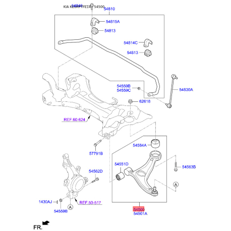 Рычаг подвески колеса левый нижний 54500-4R000 Mobis - 545004R000 - схема с каталога 54500, KEURPTFE14 545004R000