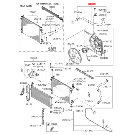 Шланг радиатора верхний 25414-1D100 Mobis - 254141D100 - схема с каталога 25411, KKMAPUN06 254141D100