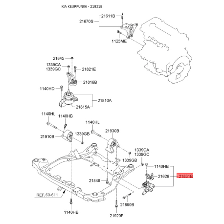 Подушка двигуна 21830-1D700 Mobis - 218301D700 - схема з каталогу 21831B, KEURPUN06 218301D700