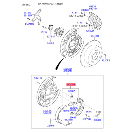 Колодки гальмівні комплект 58305-2KA00 Mobis - 583052KA00 - схема з каталогу 58305B, KKMAPAM12 583052KA00