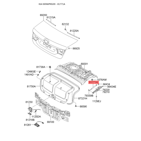 Пружина газовая (упор) крышки багажника 81771-2G000 Mobis - 817712G000 - схема с каталога 81771A, KKMAPMG09 817712G000