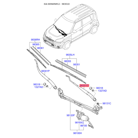 Рычаг стеклоочистителя 98310-2K000 Mobis - 983102K000 - схема с каталога 98301D, KKMAPAM12 983102K000