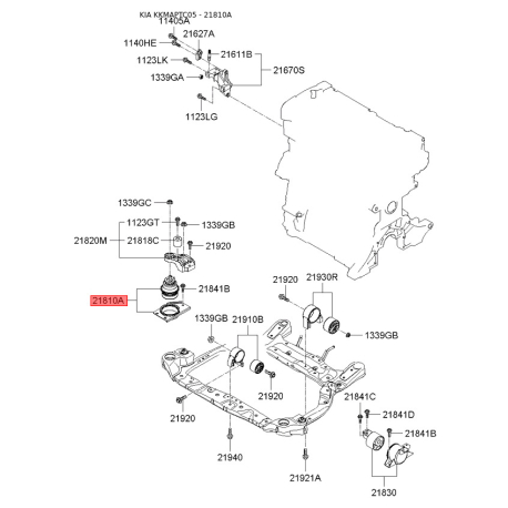 Подушка двигателя 21810-1G000 Mobis - 218101G000 - схема с каталога 21810A, KKMAPTC05 218101G000