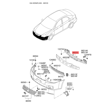 Усилитель бампера 86530-2F500 Mobis - 865302F500 - схема с каталога 86530, KKMAPLS06 865302F500