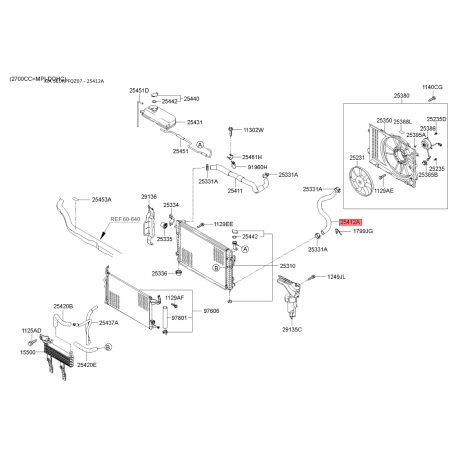 Шланг радіатора нижній 25412-1F350 Mobis - 254121F350 - схема з каталогу 25412A, SEURPFQZ07 254121F350