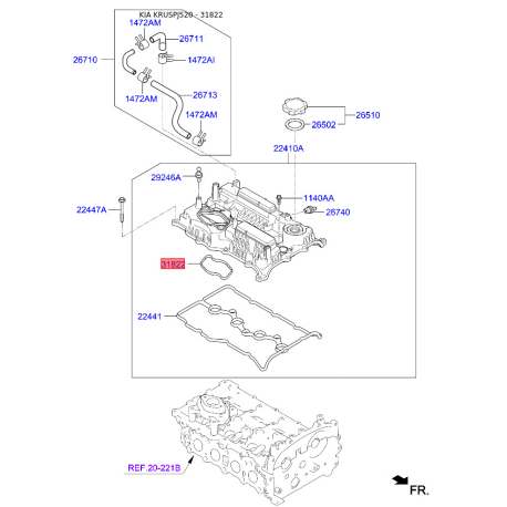 Прокладка клапанной крышки 22442-2GGA0 Mobis - 224422GGA0 - схема с каталога 31822, KRUSPJ520 224422GGA0